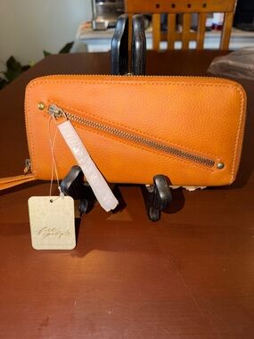 Free People Cognac Pebbled Leather Zip Wristlet